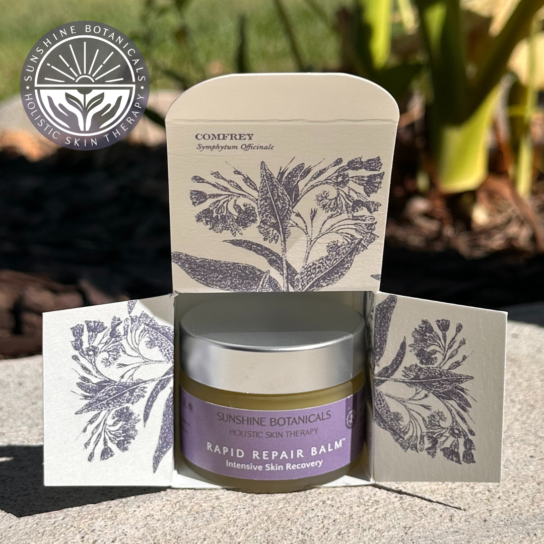 Sunshine Botanicals Rapid Repair Balm with decorative packaging on a natural background